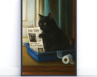 Silly Black Cat Bathroom Wall Art, Reading Newspaper Cat Print, Fun Toilet Poster Maximalist Bathroom Decor, Whimsical Cat Art for Restroom