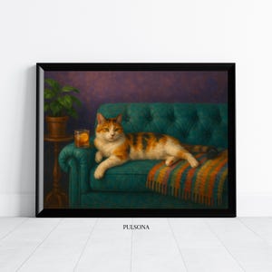 Calico Cat Old Fashioned Cocktail Wall Art | Fine Art Print Gift | Cocktail Art Decor Vintage Oil Painting Calico Cat Print Eclectic Quirky