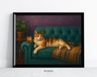 Calico Cat Old Fashioned Cocktail Wall Art | Fine Art Print Gift | Cocktail Art Decor Vintage Oil Painting Calico Cat Print Eclectic Quirky