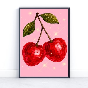 Pink Disco Cherries Art Print, Whimsy Wall Art Poster, Glam Disco Ball Pink Cherries, Preppy Trendy Art, Cherries Bar Cart Kitchen Decor