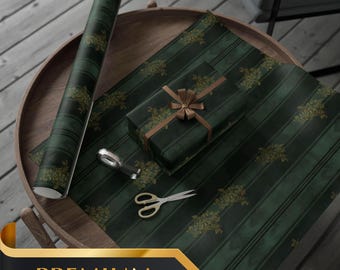 Papel de embrulho natalino vintage e elegante, na cor verde esmeralda. Ideal para presentes de Natal em geral.