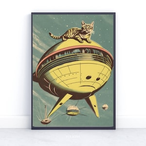 Vintage Retro Cat In Space Fine Art Print, Whimsical Space Wall Art, Retro Cat Wall Art, Space Wall Art, Eclectic Vintage Cat Art Home Decor