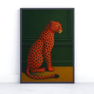 May include: A red and black cheetah sitting on a yellow surface with a green background. The cheetah is looking to the right of the image.