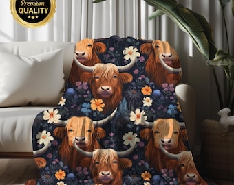 Manta floral de vaca de las Tierras Altas, manta con estampado de vaca, acogedora manta de vaca de estilo rústico, decoración vaquera del oeste, decoración bohemia de ganado de las Tierras Altas para sala de estar.