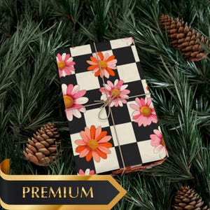 Retro Floral Checkerboard Wrapping Paper Holiday Gift Wrap Tartan Gift Wrap Pink Christmas Gift Wrap Christmas Wrapping Paper Checkered Gift