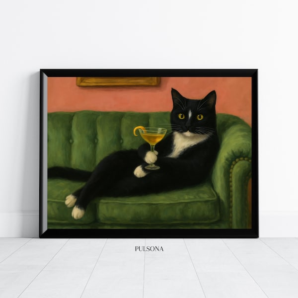 Arte de pared retro con diseño de gato esmoquin y martini, impresión artística de regalo, decoración artística de cócteles, pintura al óleo vintage con estampado de gato esmoquin, ecléctico, peculiar y caprichoso.