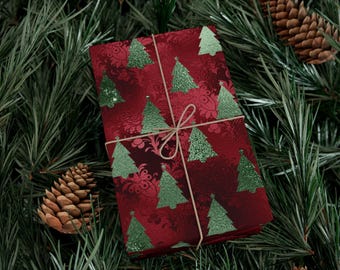 Elegant Maroon and Gold Christmas Tree Wrapping Paper Luxury Gift Wrap Festive Decor Christmas Paper Holiday Gift Wrap Maroon Gold Wrapping