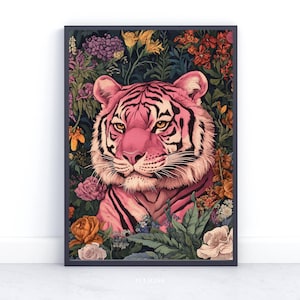 Vintage Pink Tiger Floral Jungle Art Print, Vibrant Botanical Wall Decor, Bold Animal Illustration, Modern Decor, Modern Abstract Wall Art