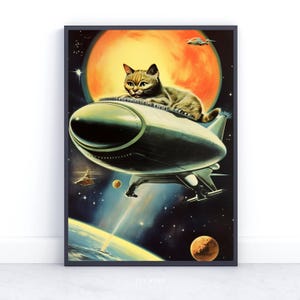 Vintage Retro Cat In Space Fine Art Print, Whimsical Space Wall Art, Retro Cat Wall Art, Space Wall Art, Eclectic Vintage Cat Art Home Decor