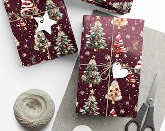 Vintage Maroon Christmas Wrapping Paper Christmas Tree Wrapping Paper Holiday Gift Wrap, Festive Christmas Paper, Retro Style Wrapping Paper