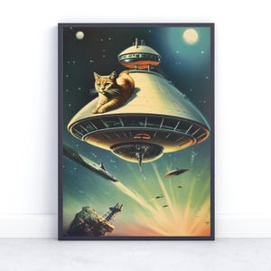 Vintage retro kat in de ruimte Fine Art Print, grillige ruimte muurkunst, retro kat kunst aan de muur, ruimte muur kunst, eclectische vintage kattenkunst woondecoratie