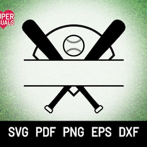 May include: Black and white baseball-themed graphic with crossed bats, a baseball, and a space for text. The image includes the text "SVG PDF PNG EPS DXF" at the bottom and a heart-shaped logo in the upper left corner.