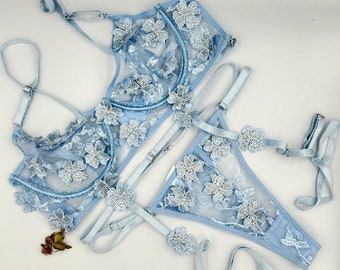 Set di lingerie ricamato, set di lingerie floreale, reggiseno trasparente, reggicalze