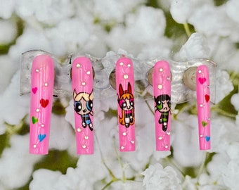 Press On Nails POWERPUFF GIRL,Cartoon Nails,Bling Nails,Luxury Nails, Long Coffin,Cute Nails,Heart Nails,Hand Painted Nails,Acrylic Nails