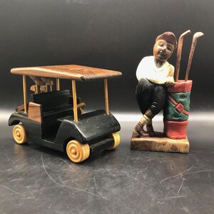 Vintage Wood Craved Golf Cart & Golfer, Golfer's Decor, Hand Craved and Painted