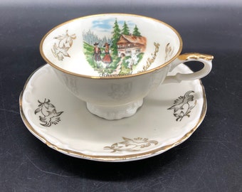 Vintage Bavaria Bareuther Waldsasseh Teetasse & Untertasse, Schwarzwald Waldkirch, handgemalt, ausgezeichneter Zustand, weiß mit Goldverzierung