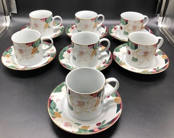 Set of 7 Vintage Tienshan Fine China Magnolia Tea Cups With Saucers, 1 Extra Saucer, White, Green & Maroon, Stunning, Excellent Condition