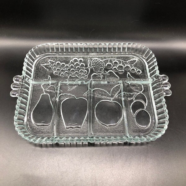 Vintage Indiana, Crystal Divided Relish Platter, Mint Condition, Stunning, Grapes Apples Pears Cherries Strawberries & Peaches