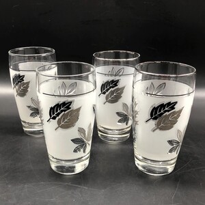 Set of 4 Vintage Libby Frosted Silver Leaf Design 12 oz. Flat Tumbler Glasses, Made in the USA