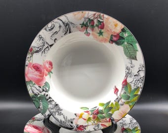 Set of 4 Vintage American Atelier Rose Toile Collection Porcelain Wide Rim Soup Bowls