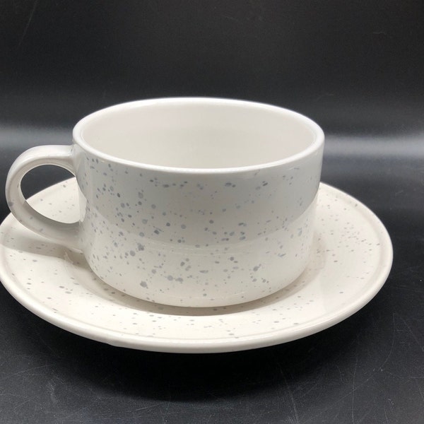 Vintage Stoneware Oversized Coffee Mug and Saucer, White With Gray Speckle, NIB