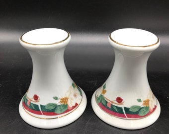 Set of 2 Vintage Tienshan Fine China Magnolia Candle Sticks, White, Green & Maroon, Stunning, Excellent Condition