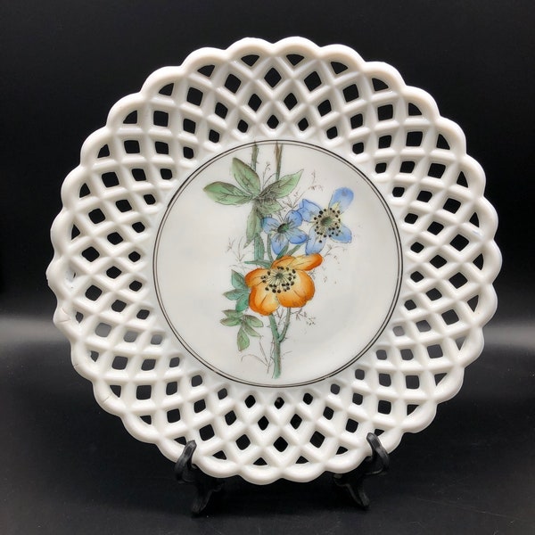 Antique Challinor Taylor and Company 10.5" Collector's Milk Glass Plate, Hand Painted With Lattice Edge, Blue & Orange Flowers, Closed Edge