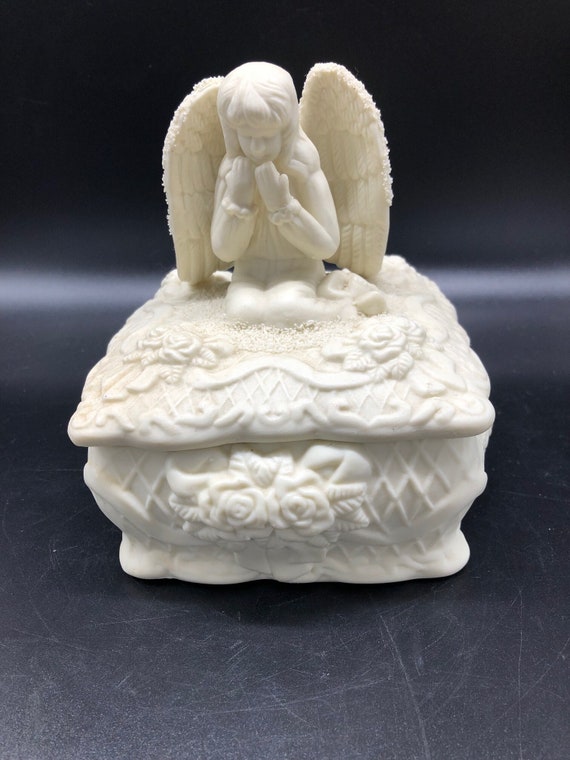 Vintage Porcelain Bisque Angel Trinket Box, White 