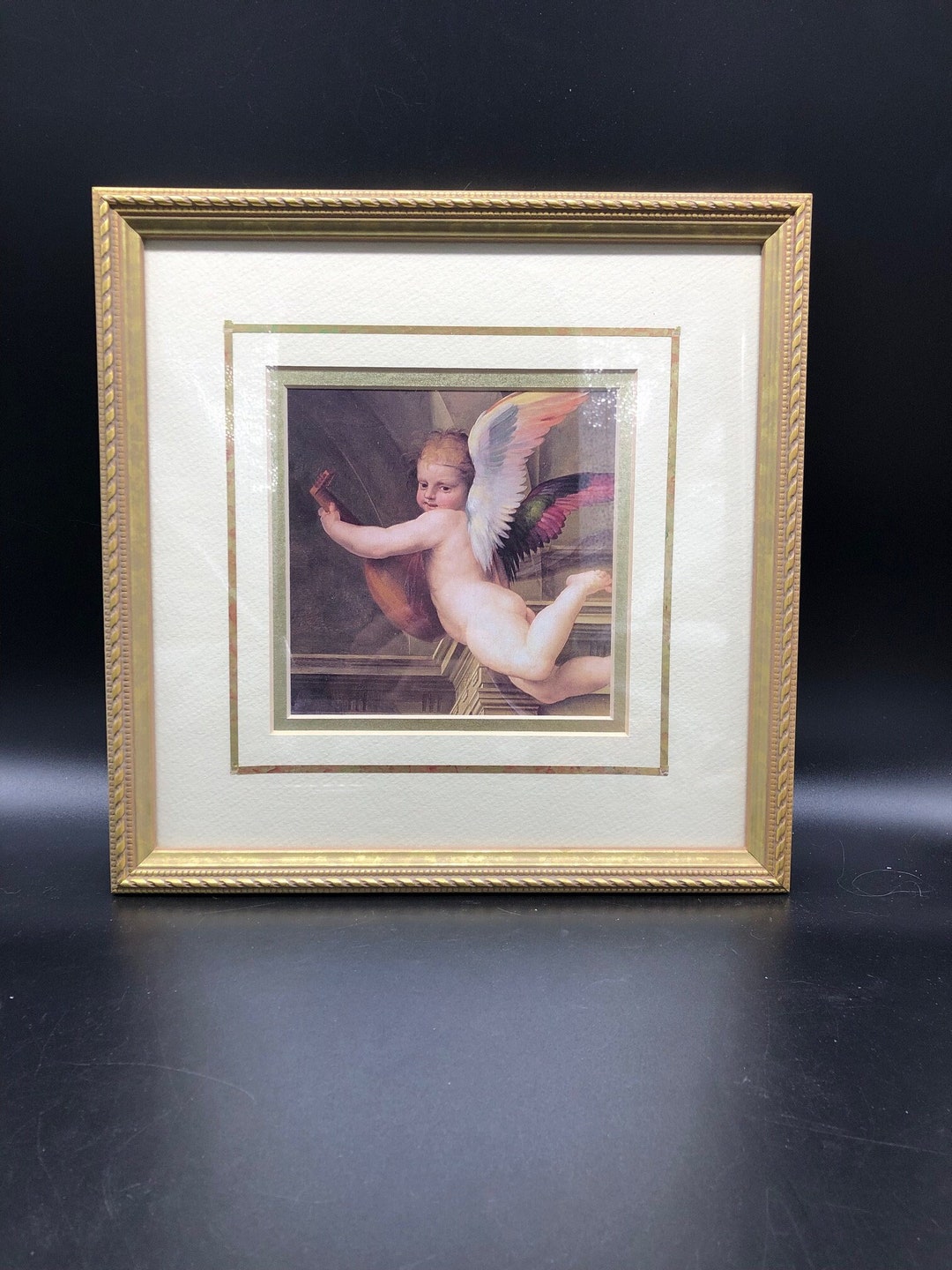 Vintage Robert Grace Cherub Playing a Mandolin Print Matted, and Framed