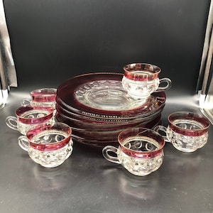 Set of 6 Vintage Kings Crown Thumbprint Snack Plate With Punch Cups, Indiana Glass Company, Clear With Red Trim
