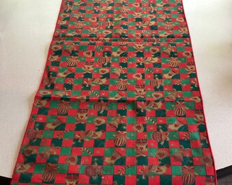 Vintage Christmas 70" Table Runner, Ornaments Bells Stockings Candy Canes, Green Red & Gold, Mint Condition