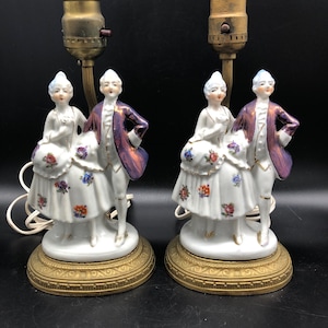 Set of Antique Victorian Table Lamps With Porcelain Colonial Dressed Man & Woman On a Brass Lamp Bottom, Still Works, Excellent Condition