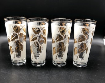 Set of 4 Vintage Libbey Golden Foliage Frosted Tumbler Glasses, MCM, Gold Trim