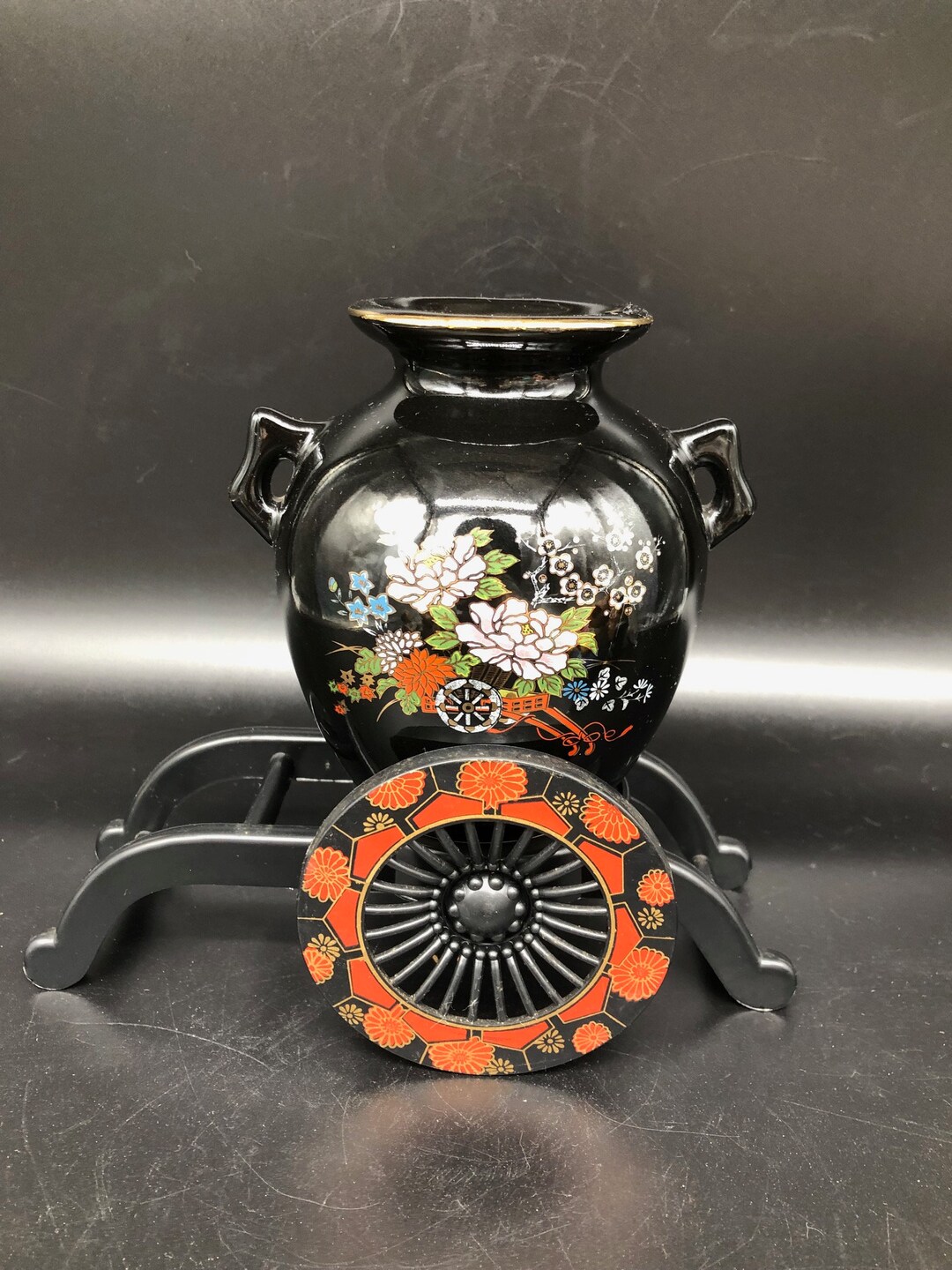 Vintage Black Japanese Vase With Plastic Art Deco Style Cart Etsy