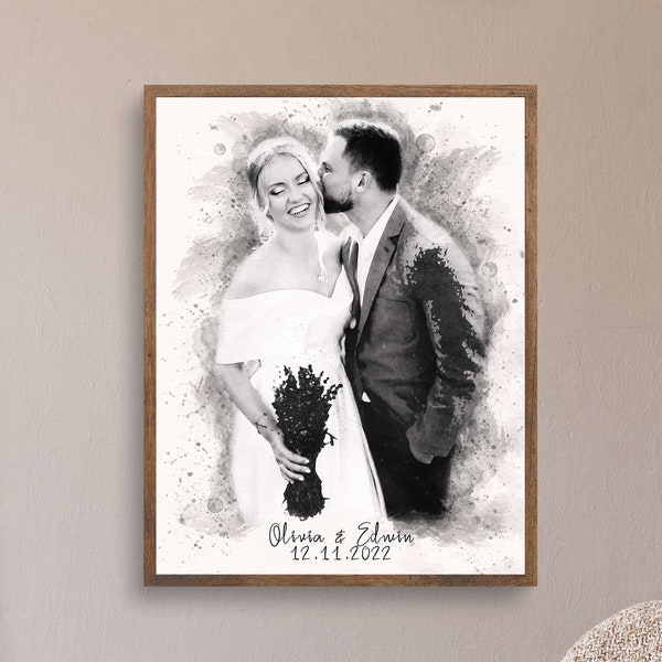 Custom Black and White Watercolor Couple Portrait - Painting from Photo, Anniversary Gift, Wedding Portrait Art, digital watercolor art