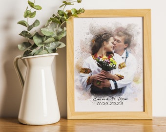 Watercolor Couple Portrait from Photo, Custom Wedding Anniversary Gift for Wife Husband Parents, Engagement Gift for Friend, Unique Wall Art