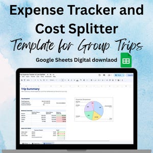 Puede incluir: Una pantalla de portátil que muestra una plantilla de Google Sheets para el seguimiento de gastos y división de costes en viajes de grupo. La interfaz muestra un resumen del viaje con una tabla de saldos y un gráfico circular de gastos.