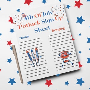 Fourth of July Potluck Sign Up Sheet|4th Of July Potluck Sign Up Sheet|Potluck Sign Up Sheet Printable| Canva Template| Editable Potluck