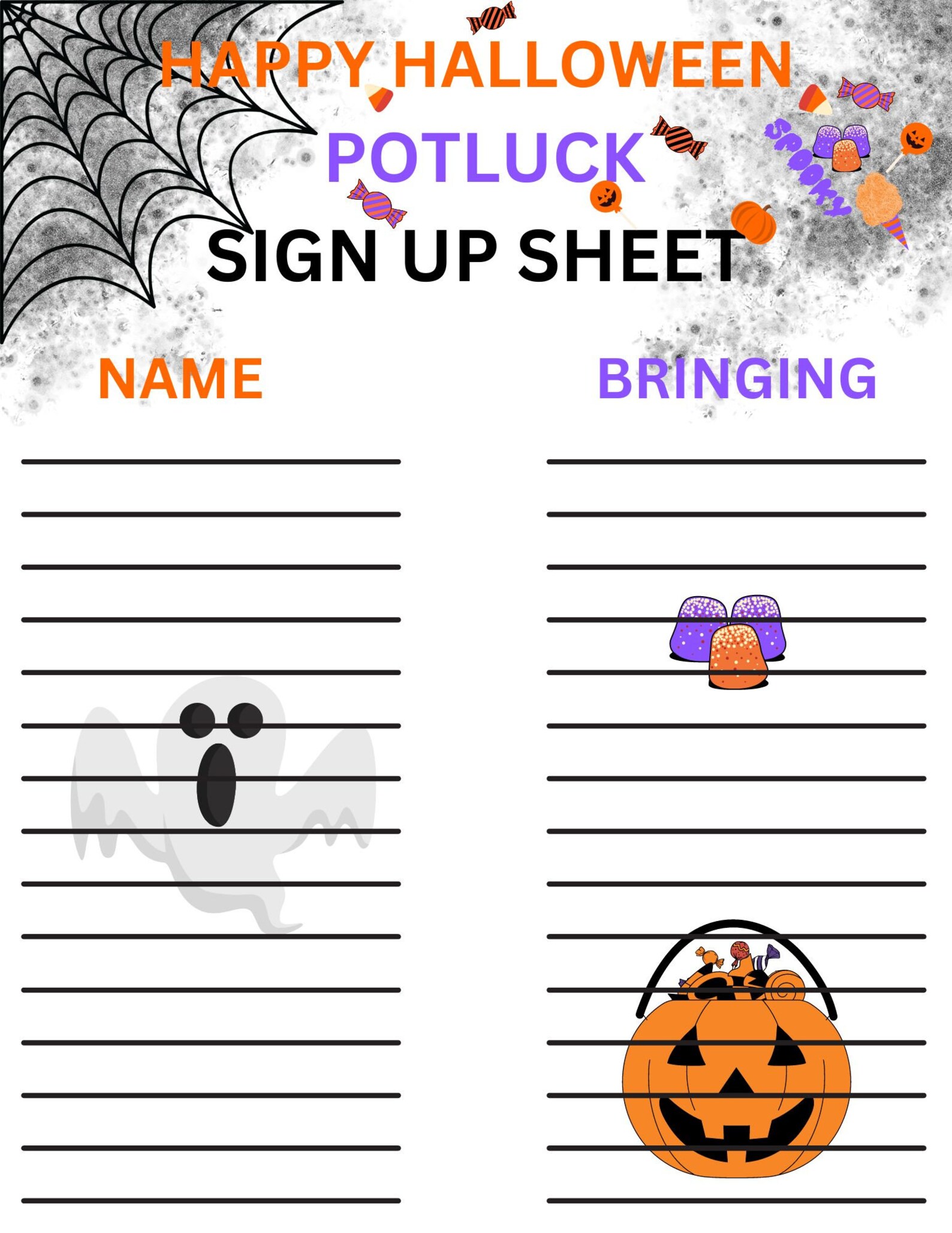 Halloween Potluck Sign up Sheet, Halloween Party, Halloween Invitation