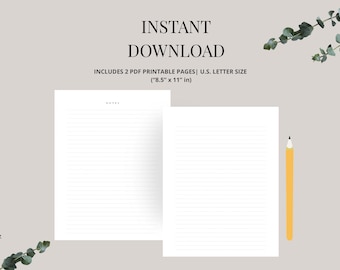 Könnte beinhalten: Digitaler Download mit zwei linierten, bedruckbaren Seiten, U.S. Letter-Größe (21,6 cm x 27,9 cm). Das Bild enthält einen gelben Bleistift und den Text "INSTANT DOWNLOAD". Der Hintergrund ist eine neutrale Farbe mit Eukalyptuszweigen.