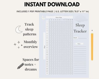 Planilha Mensal de Acompanhamento do Sono para Imprimir | Diário de Sono em PDF (Download Instantâneo)