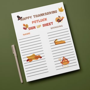 Könnte beinhalten: Ein druckbares Thanksgiving-Potluck-Anmeldeformular mit einem festlichen Herbstthema. Das Formular hat Bereiche für Namen und was die Leute mitbringen. Es zeigt Illustrationen von Truthähnen, Kürbissen und Herbstblättern.
