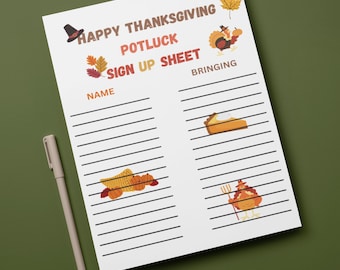 Könnte beinhalten: Ein druckbares Thanksgiving-Potluck-Anmeldeformular mit einem festlichen Herbstthema. Das Formular hat Bereiche für Namen und was die Leute mitbringen. Es zeigt Illustrationen von Truthähnen, Kürbissen und Herbstblättern.
