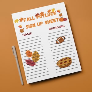 Puede incluir: Una hoja de inscripción blanca con el texto "Fall Potluck Sign Up Sheet" en negro y naranja. La hoja tiene dos columnas etiquetadas como "Name" y "Bringing". Hay líneas para que las personas escriban sus nombres y lo que van a llevar al potluck. Hay ilustraciones de temática otoñal en la hoja, incluyendo hojas, calabazas y una pelota de fútbol.