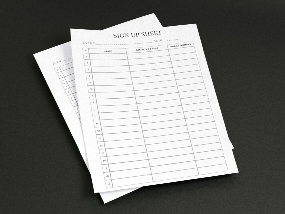 Sign up Template, Editable Sign up Sheet, Event Sheet, Contact