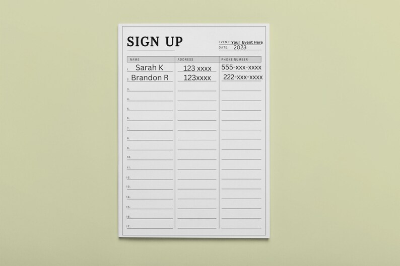 Editable Sign up Sheet. Sign up Template. Event Sheet. Contact