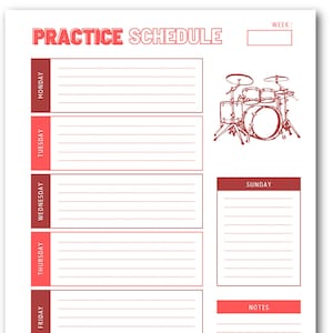 Puede incluir: Un horario de práctica imprimible con un esquema de color rojo y blanco. El horario está dividido en días de la semana, con espacio para escribir los horarios de práctica. La parte superior de la página dice "PRACTICE SCHEDULE" en letras rojas en negrita. Hay un dibujo de una batería en la esquina superior derecha.