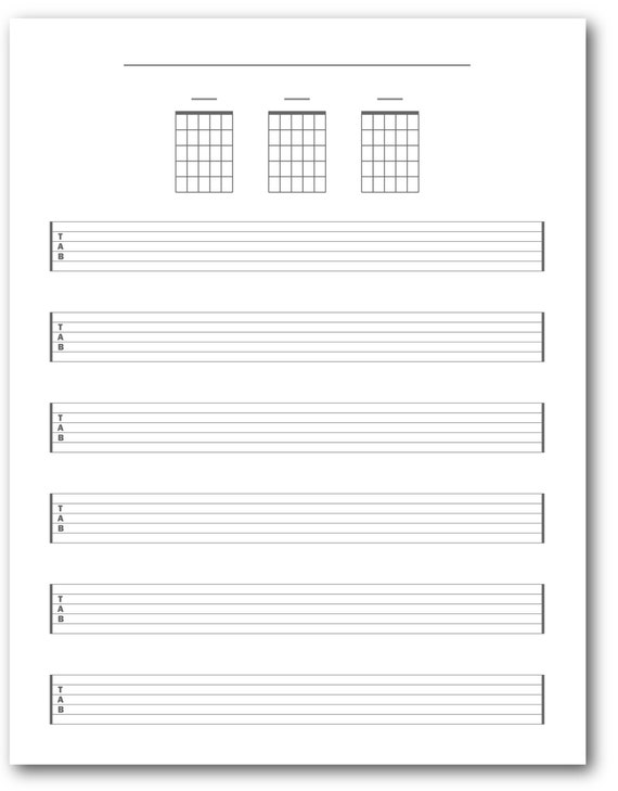 コード図付きギタータブ譜（空白）｜タブ譜6行とコードボックス3つ