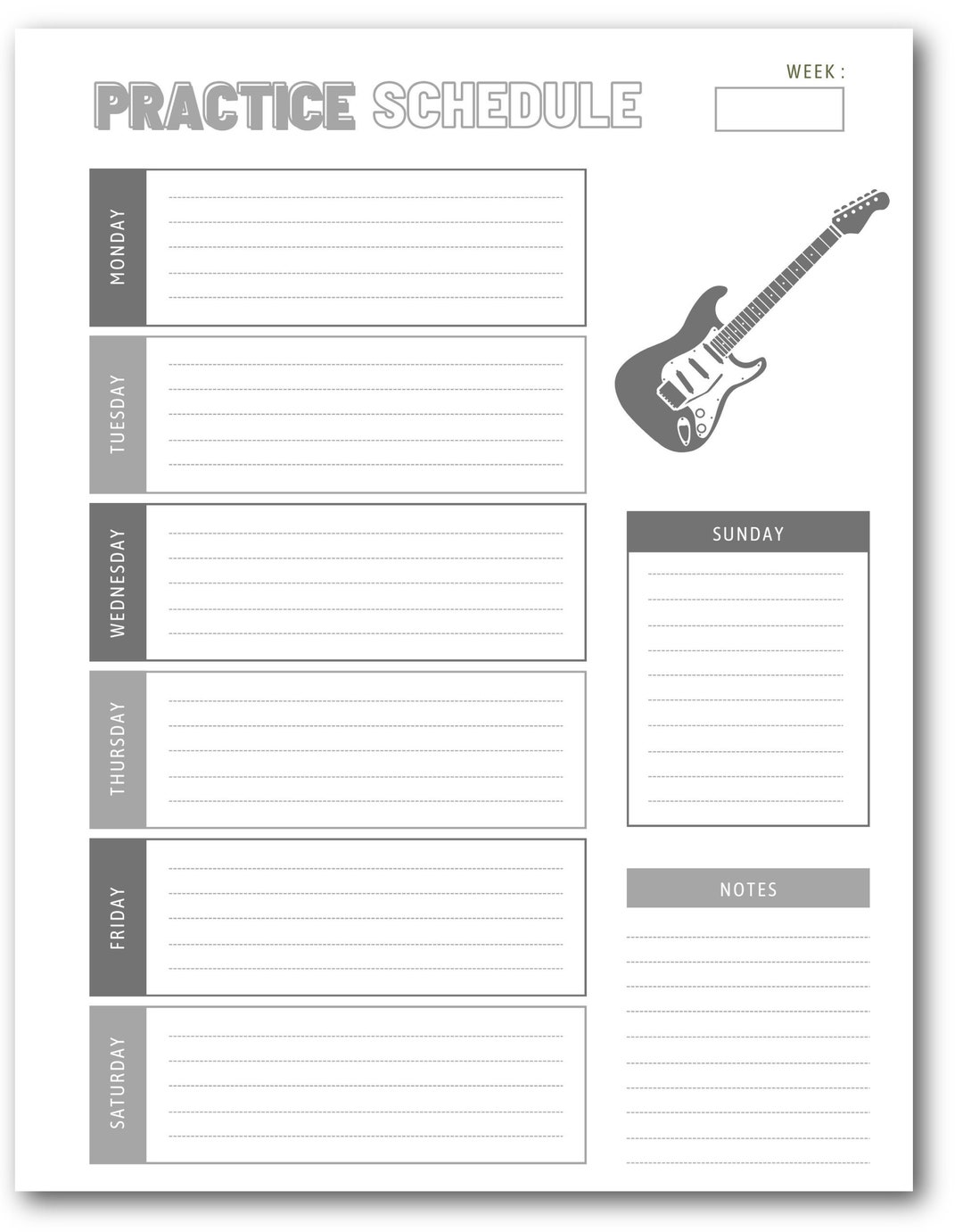 Weekly Guitar Practice Planner Printable, Study Planner, Weekly