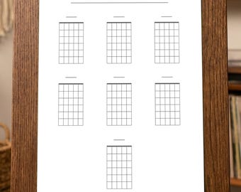 Leere Gitarrenakkorddiagramme | 7 große Diagramme pro Seite mit Beschriftungslinien | Arbeitsblatt für Gitarrenlehrer | Druckbares PDF (A4 & US Letter)